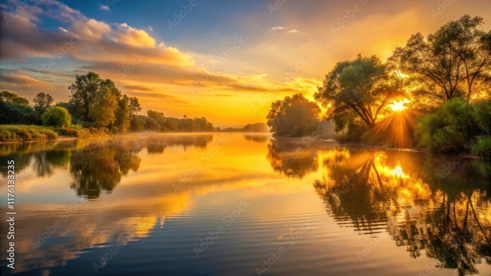 Soft golden light illuminates the calm surface of a serene river at dawn, revealing subtle ripples and reflections of surrounding trees , golden sunrise, landscape Soft golden light illuminates the calm surface of a serene river at dawn, revealing subtle ripples and reflections of surrounding trees , golden sunrise, landscape