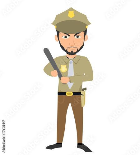 Stern Cartoon Police Officer Holding Baton