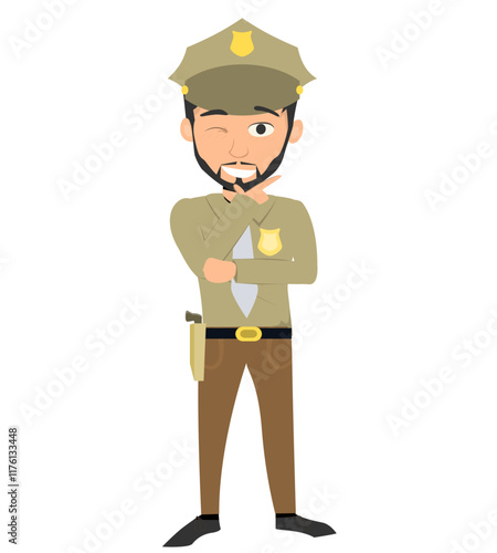 Cartoon Thinking Police Officer with Hand on Chin