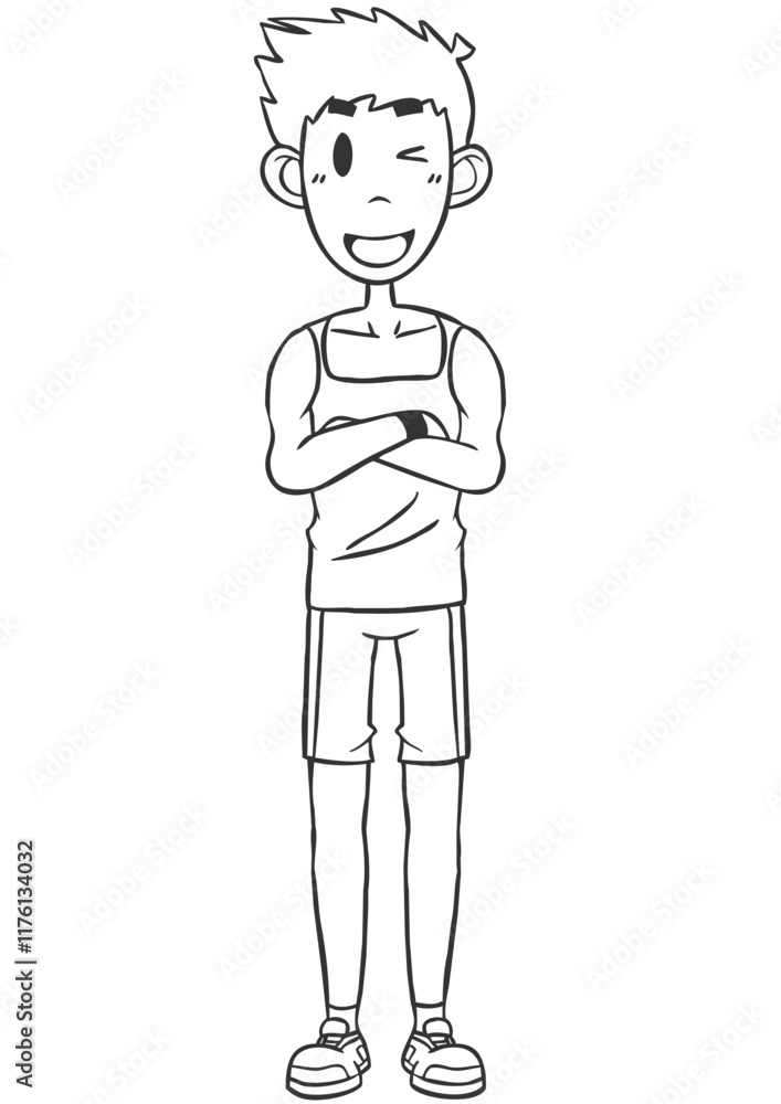 Monochrome Cartoon Sporty Man Winking with Arms Crossed Monochrome Cartoon Sporty Man Winking with Arms Crossed