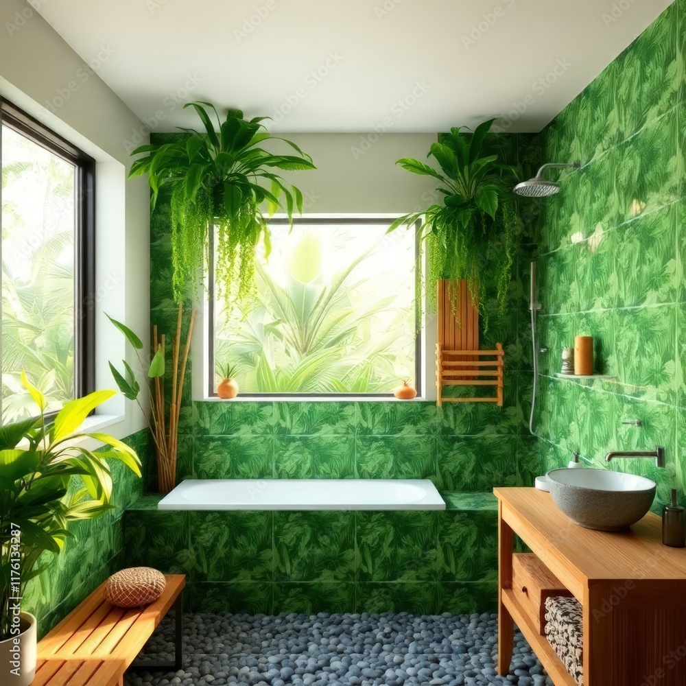 Fototapeta premium a beautiful and tranquil bathroom designed with a strong emphasis on nature. Bathtub. Wall Design. Sink Area. Lighting. Flooring. Plants. Natural Light.