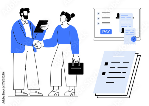 Professional handshake between two businesspeople, payment confirmation on a screen, and document review. Ideal for business agreements, professional partnerships, financial transactions, business