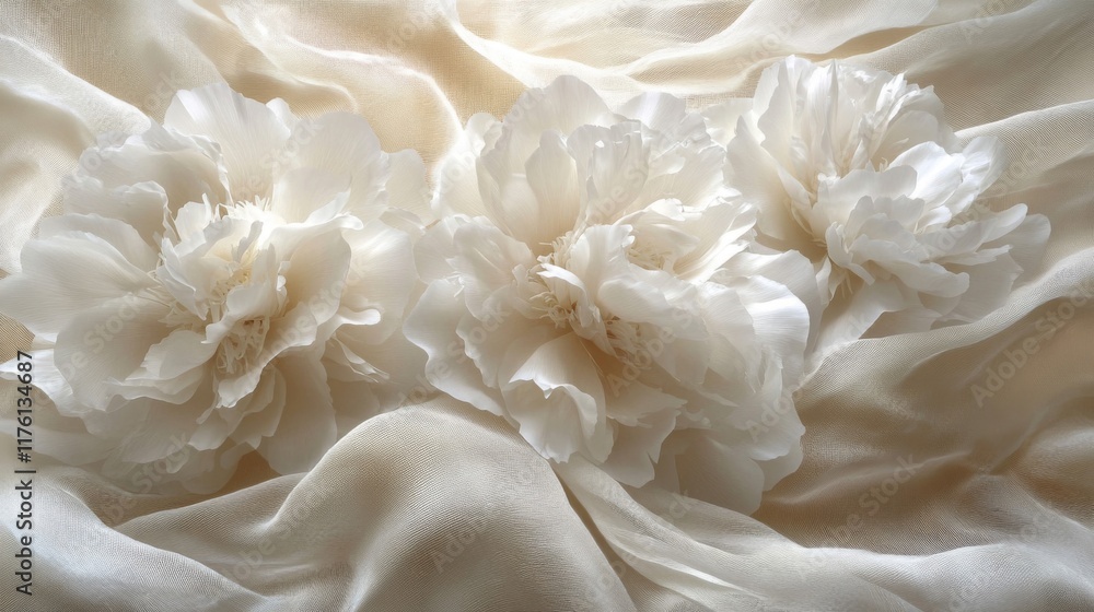 Three Delicate White Peonies Resting on Soft Fabric