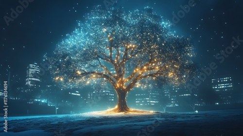 Stunning radiant tree with glowing branches spreading across urban landscapes