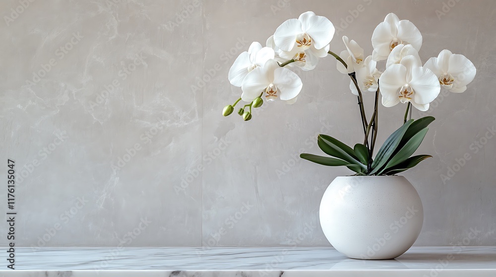 Elegant White Orchid in a Modern White Pot on Marble Surface Elegant White Orchid in a Modern White Pot on Marble Surface