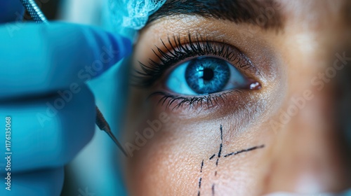 An intense close-up view of a patient's eye being treated, capturing the artist's focus and the delicate nature of the cosmetic procedure that enhances natural beauty. photo