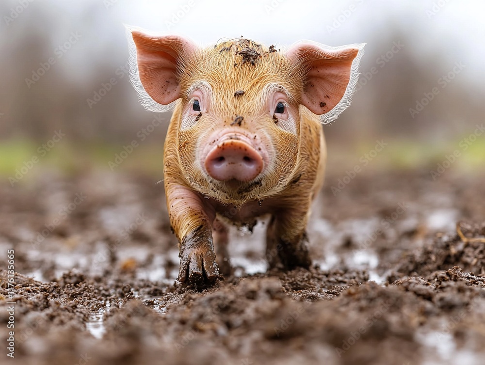 A cute piglet walking through muddy ground, showcasing its playful and lively nature in a natural setting. A cute piglet walking through muddy ground, showcasing its playful and lively nature in a natural setting.