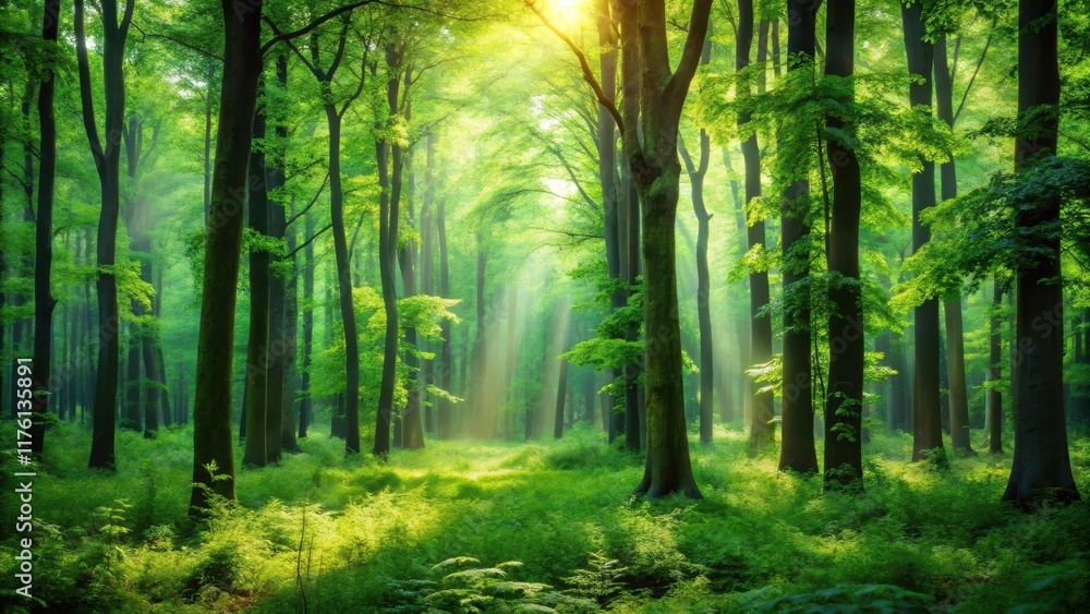 Naklejka premium Lush forest foliage with blurred green background, featuring tall trees and undergrowth, dense, verdant, dense, verdant