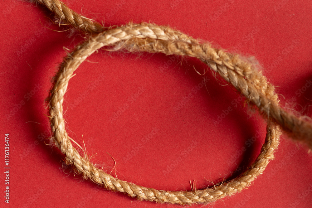 Fototapeta premium 赤背景に結んであるロープ 