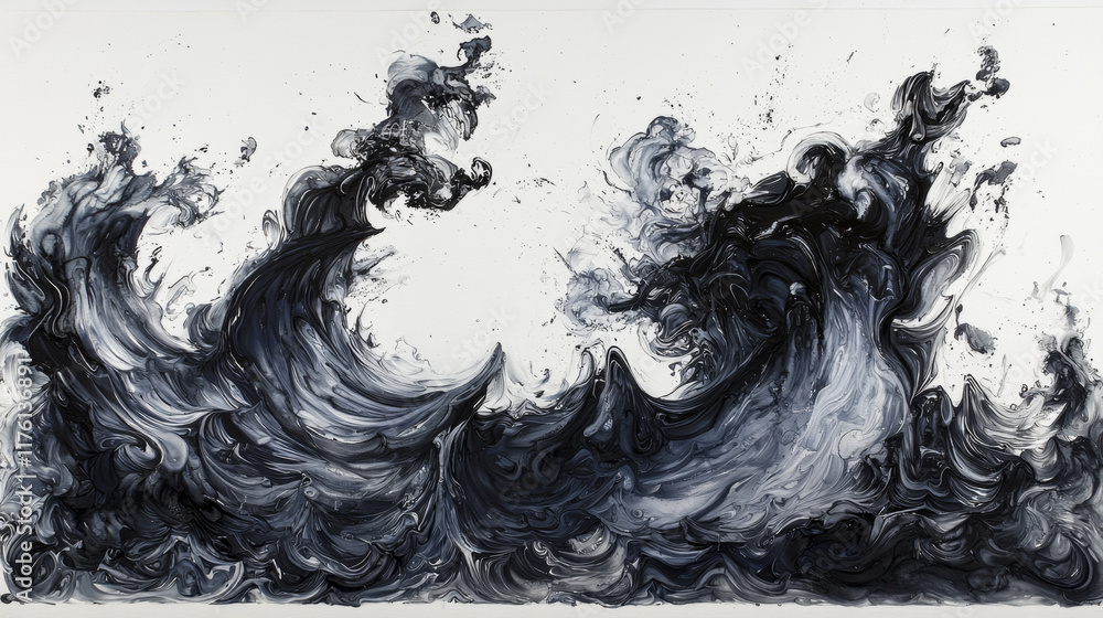 Abstract grayscale painting; swirling, dynamic forms evoke powerful waves. Abstract grayscale painting; swirling, dynamic forms evoke powerful waves.