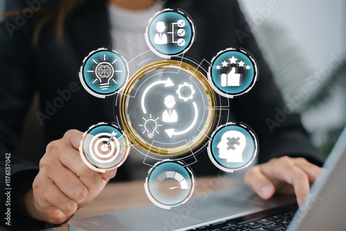 Business professional interacting with digital icons representing competence concepts, skill development, and performance.