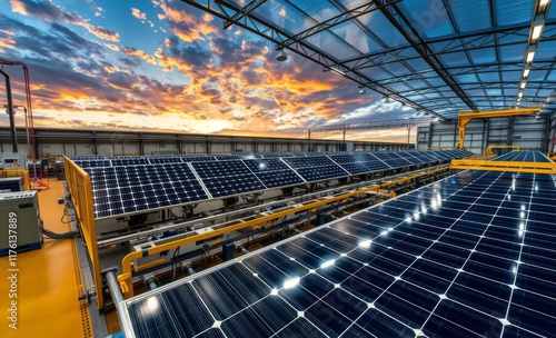 Solar panels, rooftop installation, vibrant sunset sky, industrial architecture, energy efficiency, photovoltaic technology, urban sustainability, golden hour lighting, geometric patterns, modern infr photo