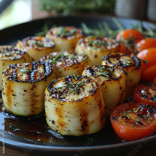 an exquisite presentation of a serving of roasted vegetables with baby tomatoes, garnished with herbs and spices photo