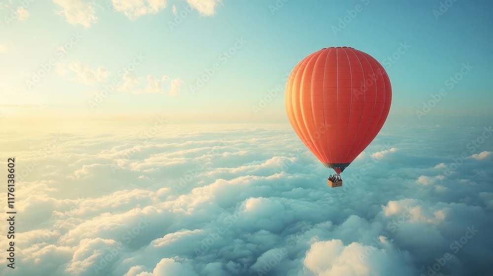 Obraz premium Romantic hot air balloon ride featuring a couple sharing a kiss amidst the clouds with a panoramic sunrise