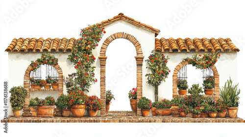 Mediterranean courtyard scene: flowering plants frame arched gateway, terracotta pots and brickwork. photo