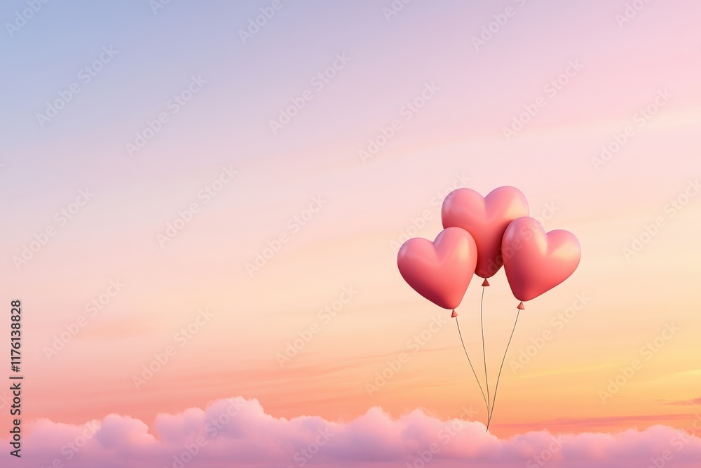 Romantic heart-shaped balloons floating in a serene sunset sky Romantic heart-shaped balloons floating in a serene sunset sky