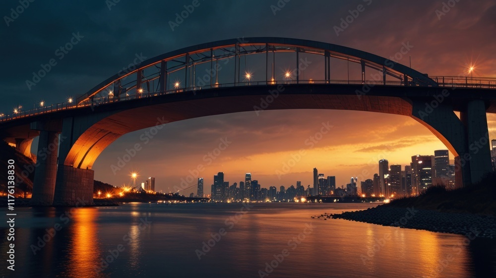 Dramatic sunset cityscape viewed from under a modern arch bridge. Dramatic sunset cityscape viewed from under a modern arch bridge.