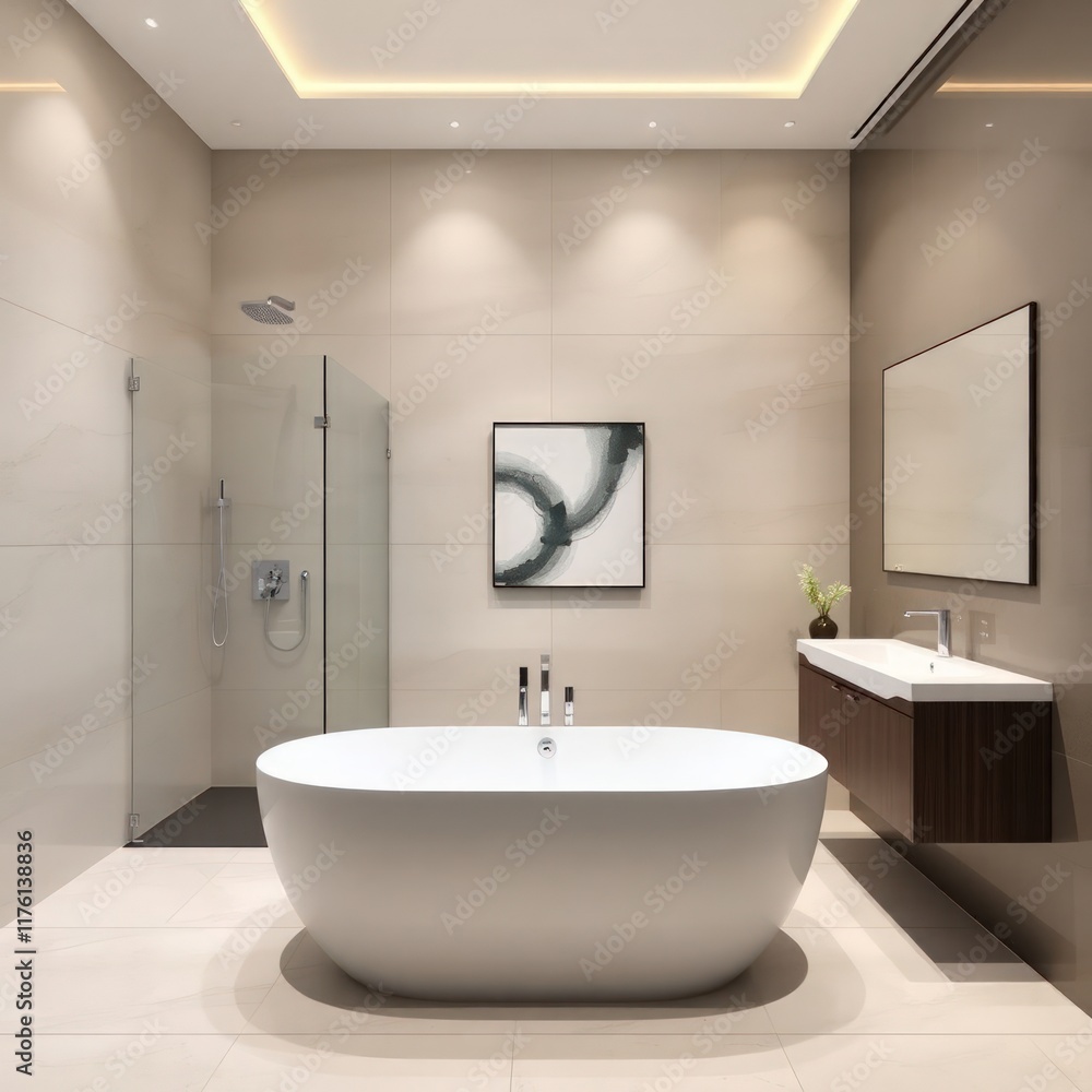 a sleek and modern bathroom characterized by minimalist design and elegant finishes. Bathtub. Shower Area. Vanity. Mirrors. Artwork. Lighting. Color Scheme.
a sleek and modern bathroom characterized by minimalist design and elegant finishes. Bathtub. Shower Area. Vanity. Mirrors. Artwork. Lighting. Color Scheme.