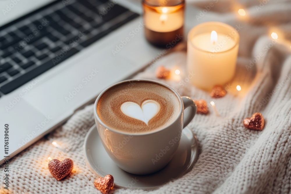 Cozy latte with heart art on blanket beside laptop and candles Cozy latte with heart art on blanket beside laptop and candles