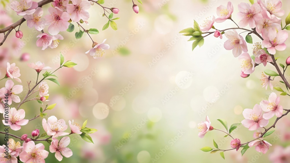Pastel pink blossom blooms on a delicate spring border with intricate floral patterns and soft green foliage, set against a warm white background , interior, beauty Pastel pink blossom blooms on a delicate spring border with intricate floral patterns and soft green foliage, set against a warm white background , interior, beauty