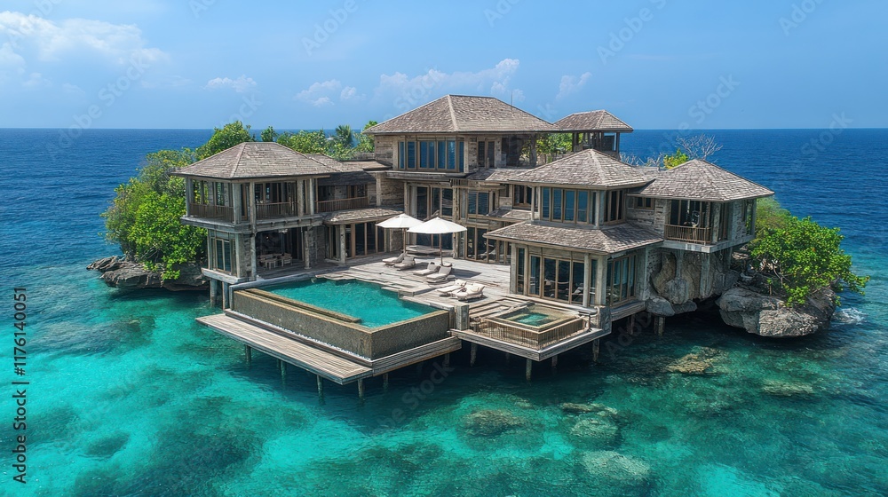 Fototapeta premium Luxurious beachfront villa with pool surrounded by clear turquoise waters.