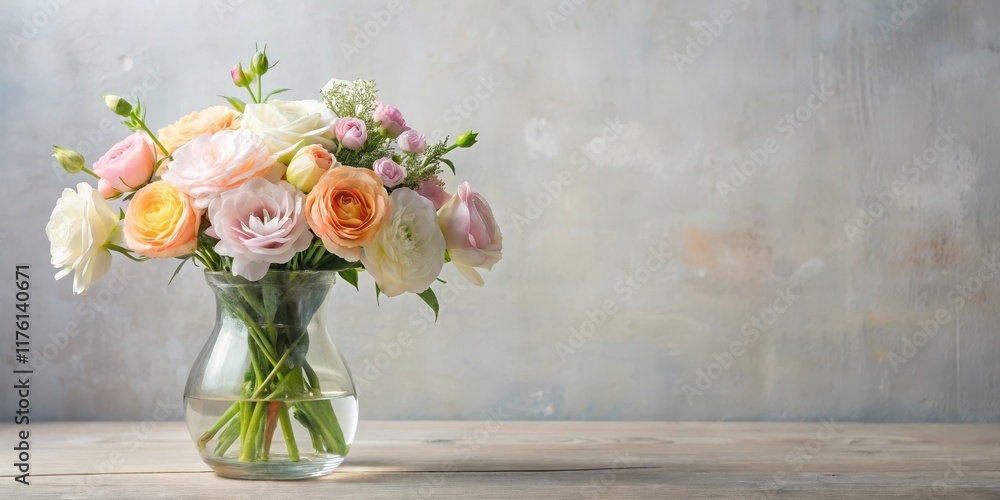 Delicate arrangement of pastel-colored flowers in a glass vase Delicate arrangement of pastel-colored flowers in a glass vase