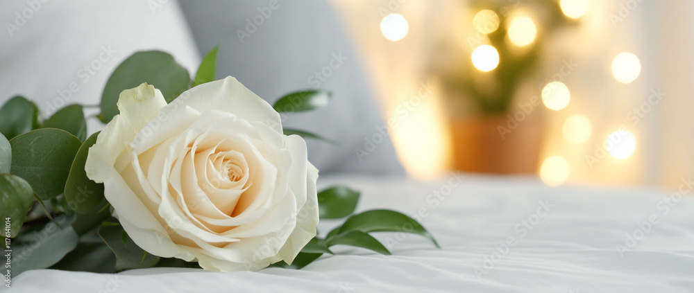 Obraz premium Single Cream Rose on Bed with Bokeh Lights.