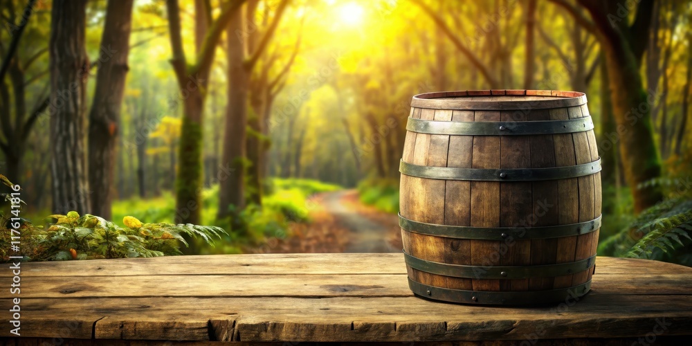 Weathered wooden table with a worn barrel as background Weathered wooden table with a worn barrel as background