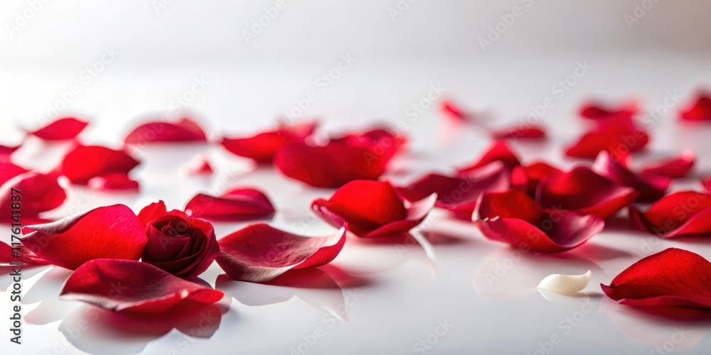 Softly fallen red rose petals scattered on a pristine white background, forming a delicate and intimate ambiance Softly fallen red rose petals scattered on a pristine white background, forming a delicate and intimate ambiance