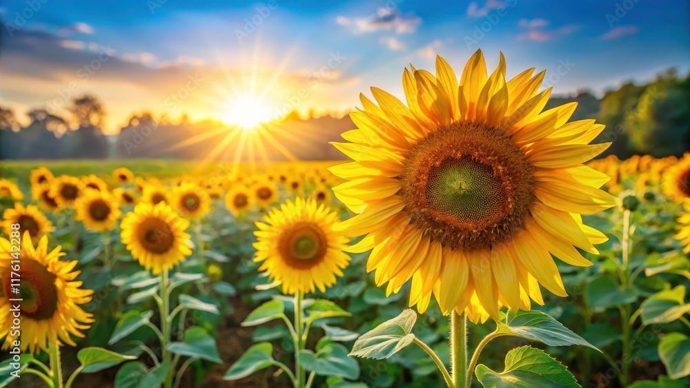 Fototapeta premium A vibrant sunflower field bathed in warm sunlight, with tall yellow flowers swaying gently in the breeze