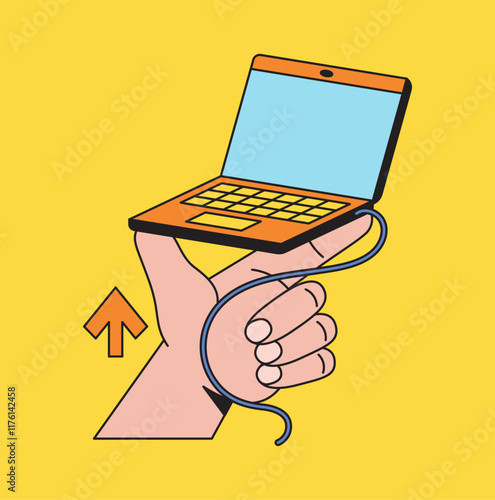 Laptop held by check list finger hand cartoon hand with cable wrapped around drawn illustration