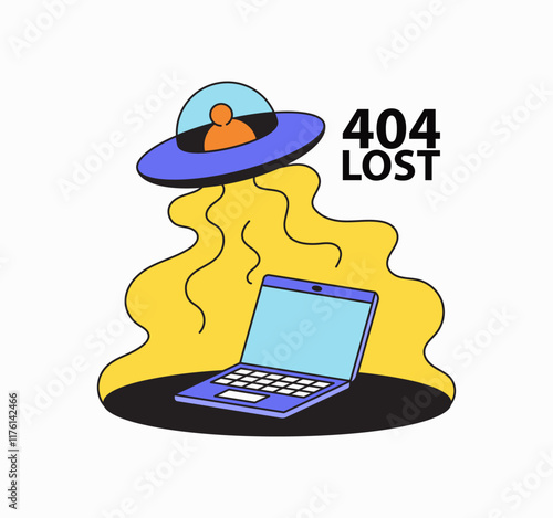 Alien ufo capturing laptop device with 404 error lost perfect for presentation online errors cartoon hand drawn illustration