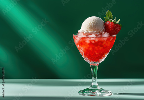 A red cocktail with ice cream and a strawberry in a crystal glass on a green background