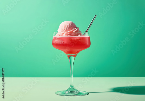 A red cocktail with ice cream and a strawberry in a crystal glass on a green background