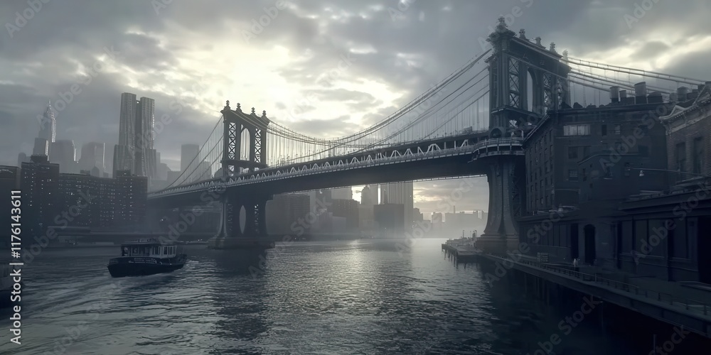 Obraz premium Foggy sunrise over Manhattan bridge, boat on river, cityscape background.