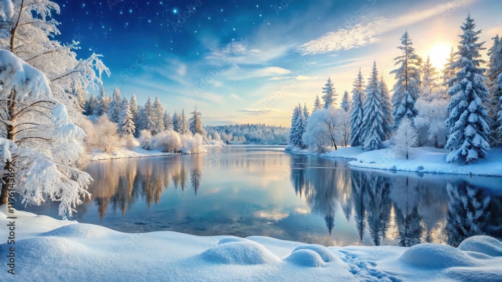 Fototapeta premium Frosty Arctic landscape with snow-covered trees and a frozen lake in the background