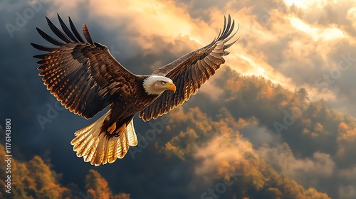 Bald eagle soaring above autumn mountains at sunrise; freedom, power, nature photo