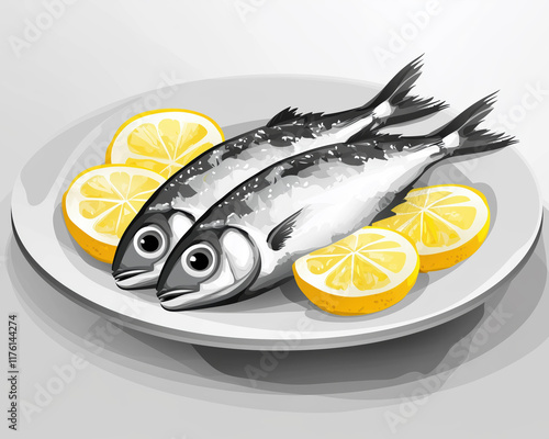 Illustration of sardines with lemon slices on a white plate.