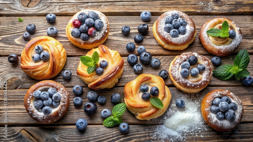 Colorful sweet pastry arranged in a collage with fresh blueberries and a hint of sugar on a wooden table, fruit arrangement, baking Colorful sweet pastry arranged in a collage with fresh blueberries and a hint of sugar on a wooden table, fruit arrangement, baking