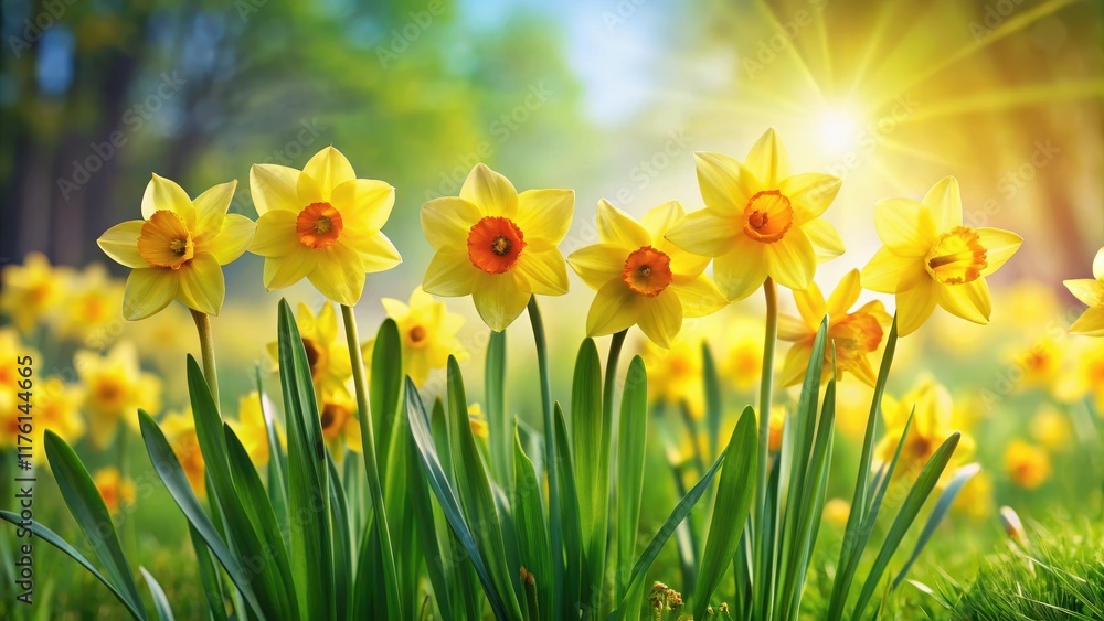 Beautiful cluster of bright yellow daffodil flowers swaying gently in a spring breeze, surrounded by lush green grass and vibrant colorful blooms , yellow flowers, sunny day Beautiful cluster of bright yellow daffodil flowers swaying gently in a spring breeze, surrounded by lush green grass and vibrant colorful blooms , yellow flowers, sunny day