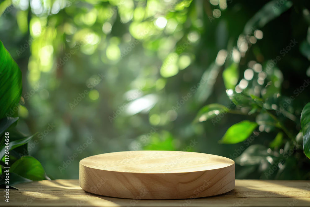 A wooden display platform surrounded by lush greenery, ideal for showcasing products. A wooden display platform surrounded by lush greenery, ideal for showcasing products.