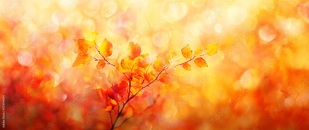 Fototapeta premium Autumn leaves branch in warm light.