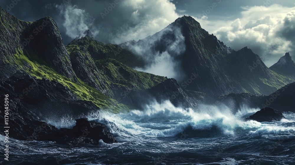 Obraz premium A dramatic coastal landscape featuring towering rugged mountains shrouded in mist, with stormy clouds hanging low in the sky. The foreground showcases crashing waves against dark rocky shores, with vi
