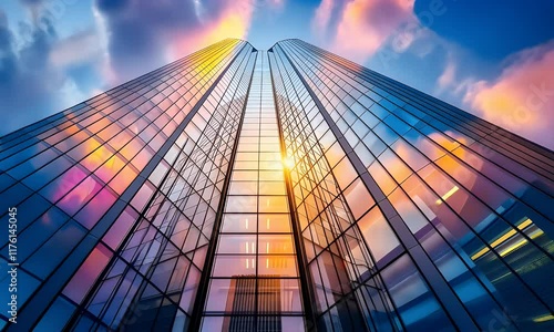 Wallpaper Mural A striking view of a modern skyscraper reflecting colorful clouds at sunset. Torontodigital.ca
