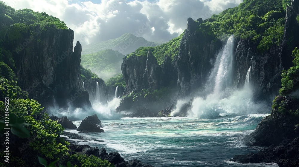 Fototapeta premium A breathtaking coastal landscape featuring towering jagged cliffs that frame a tranquil lagoon. Lush greenery cascades down the cliffs, merging seamlessly with the azure waves of the ocean. Several wa