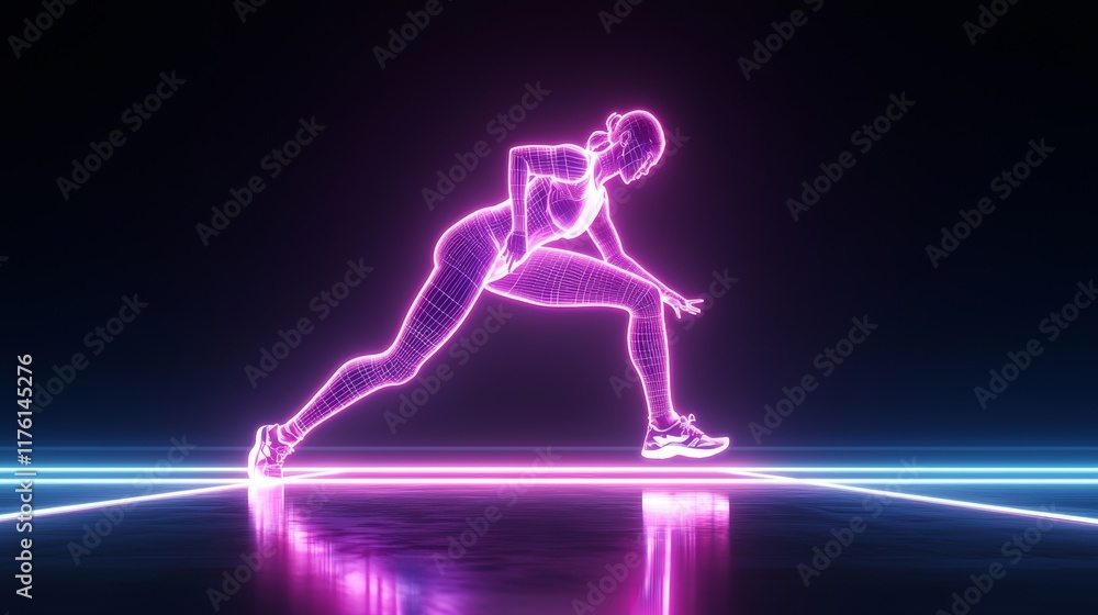 Fototapeta premium Bold sportswear sale banner, neon-lit workout scene, ample space for discount messaging, high-contrast colors, powerful and eye-catching