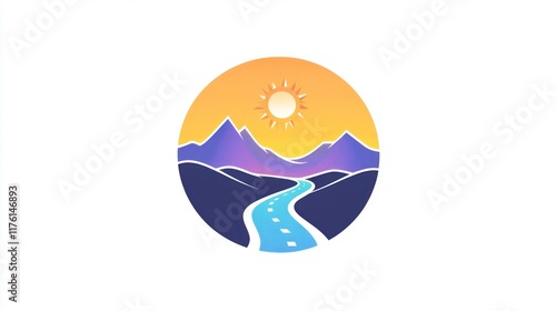 Scenic road, river, mountains, sunset, logo, design, nature, travel photo