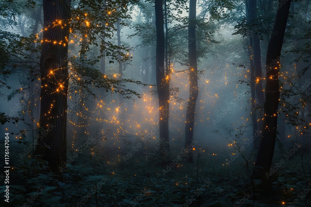 Fototapeta premium Enchanting Firefly Lights Adorn A Misty Forest Scene