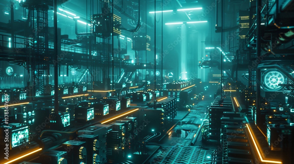 Fototapeta premium Futuristic crypto mining farm with neon lights