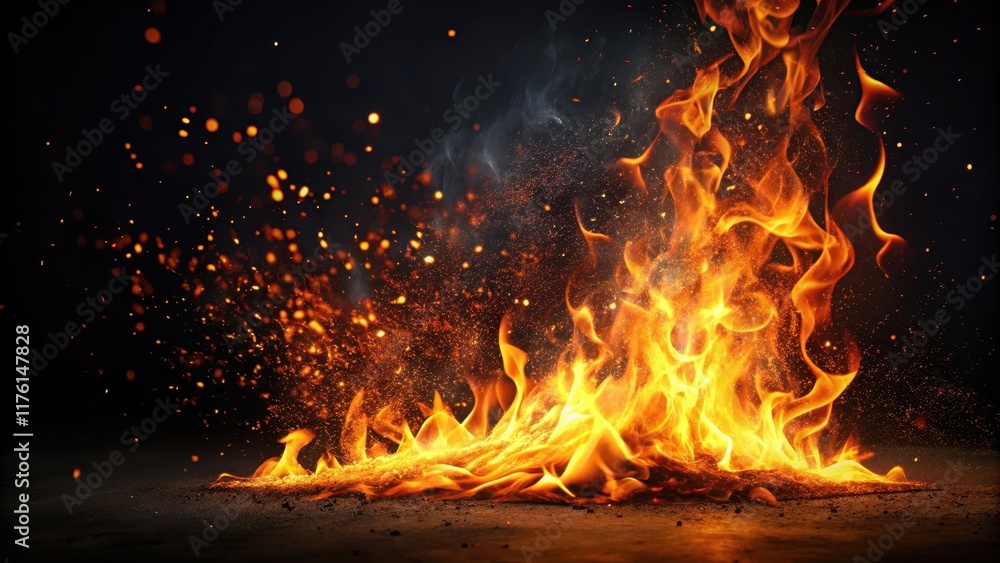 Burning flame on dark black background with sparks flying upwards in a dramatic motion, flames, , flames Burning flame on dark black background with sparks flying upwards in a dramatic motion, flames, , flames